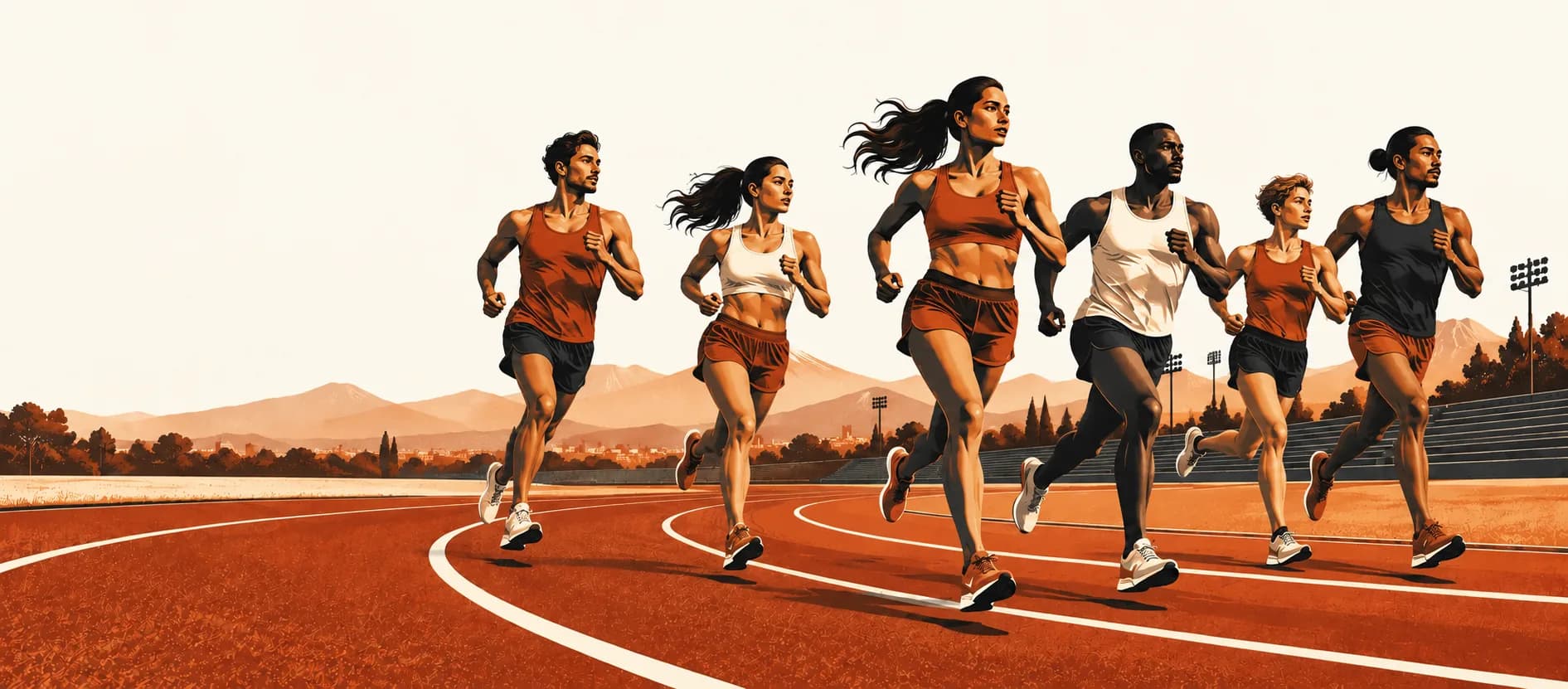 Illustrated running club training together on an orange stadium track.