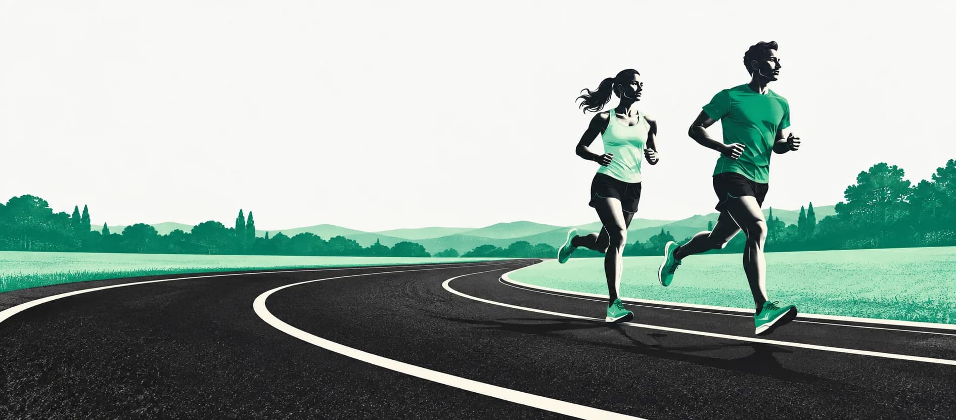 Illustration of two adult runners sharing a stride on a curving outdoor track.